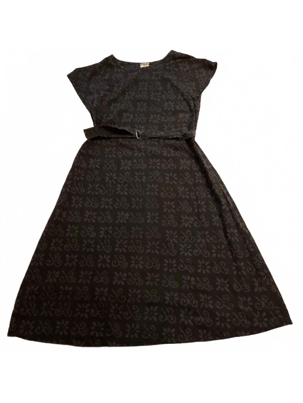 K Brower Block Print Vintage  Black Cotton Midi Dress Med.